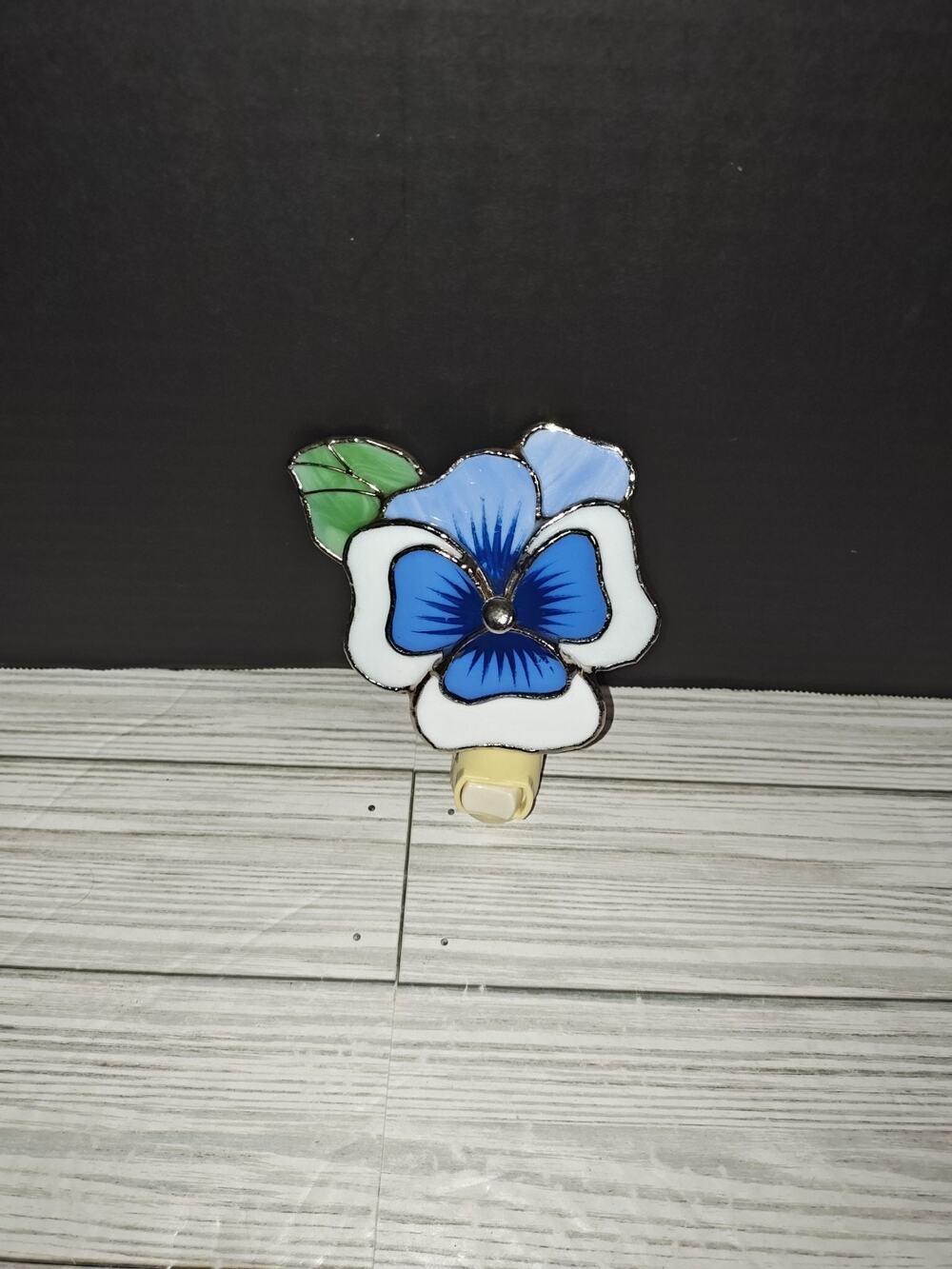 Gallery Inc. Vintage Stained Glass Night Light Blue and White Pansy Flower Decor